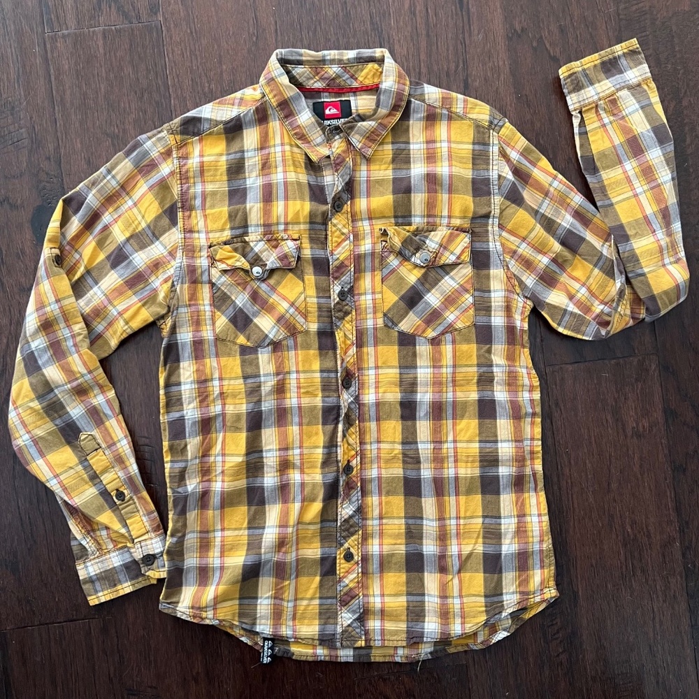 Quicksilver L/S Shirt Yellow/Gray Button Up Plaid Boys Size XL
